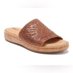 BORN embossed floral leather sandal brown and tan cork bottom